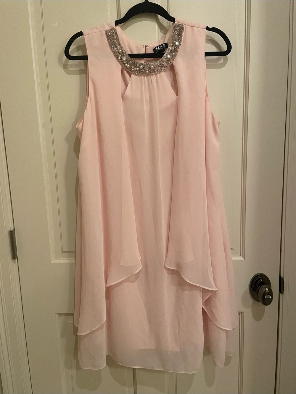 SLNY Pale Pink Chiffon Sleeveless Dress with Beaded Collar